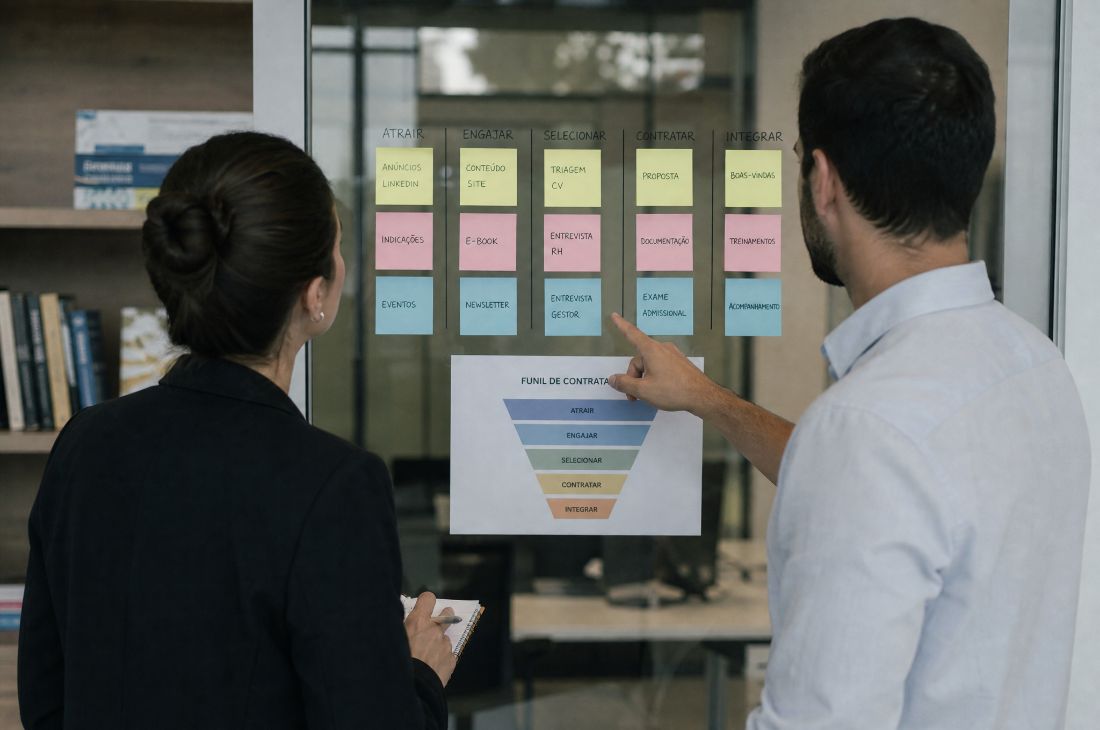 Dois profissionais analisando um funil de contratação num quadro de vidro com post-its