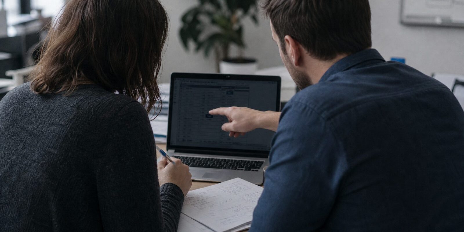 Duas pessoas lado a lado analisando uma lista na tela de um laptop